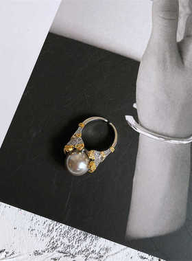 vintage重工撞色灰珍珠开口戒指