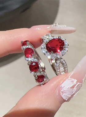 石榴红宝石欧美轻奢椭圆开口戒指