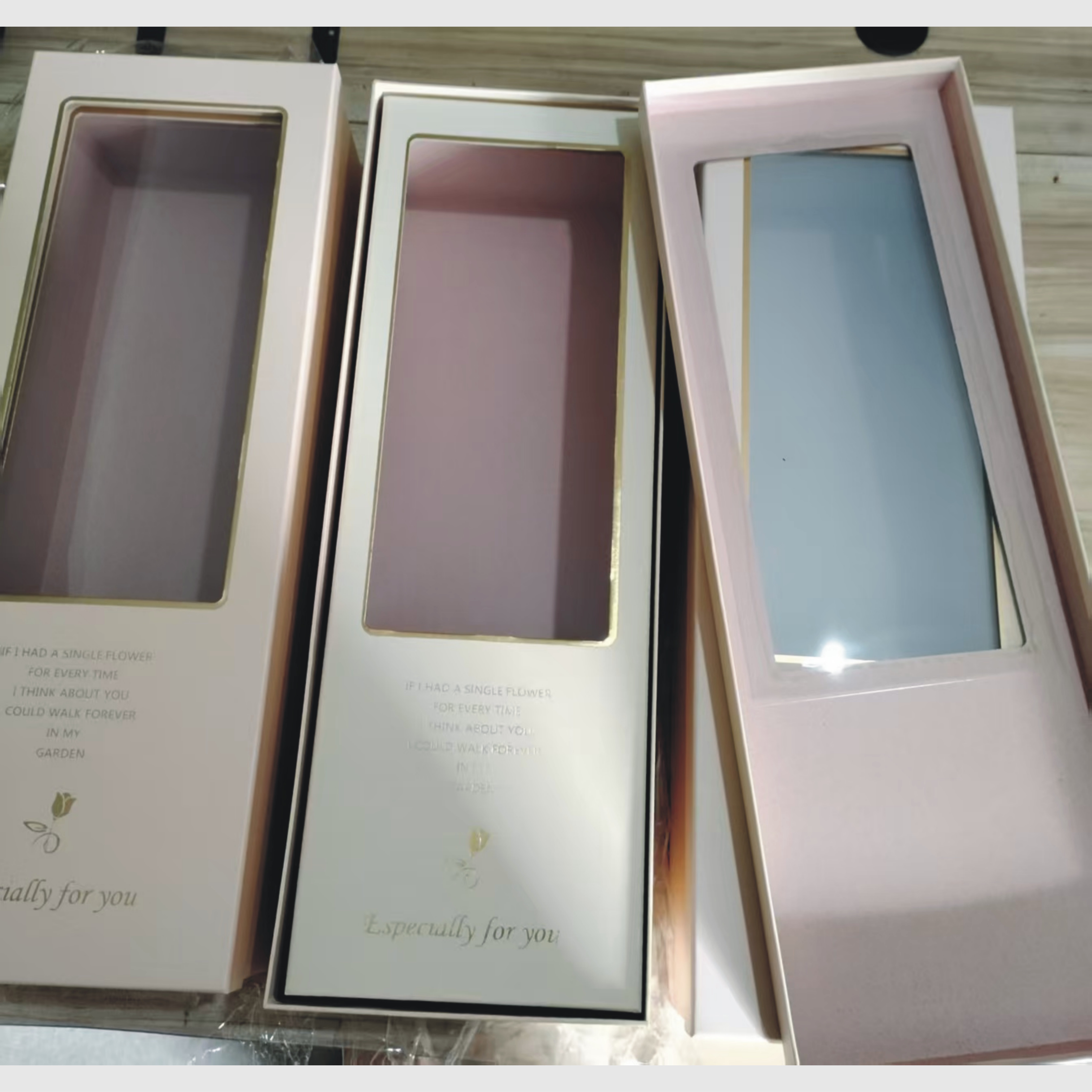 高档长方形鲜花包装盒金色蜜语挚爱之心套二玫瑰花开窗礼盒花店
