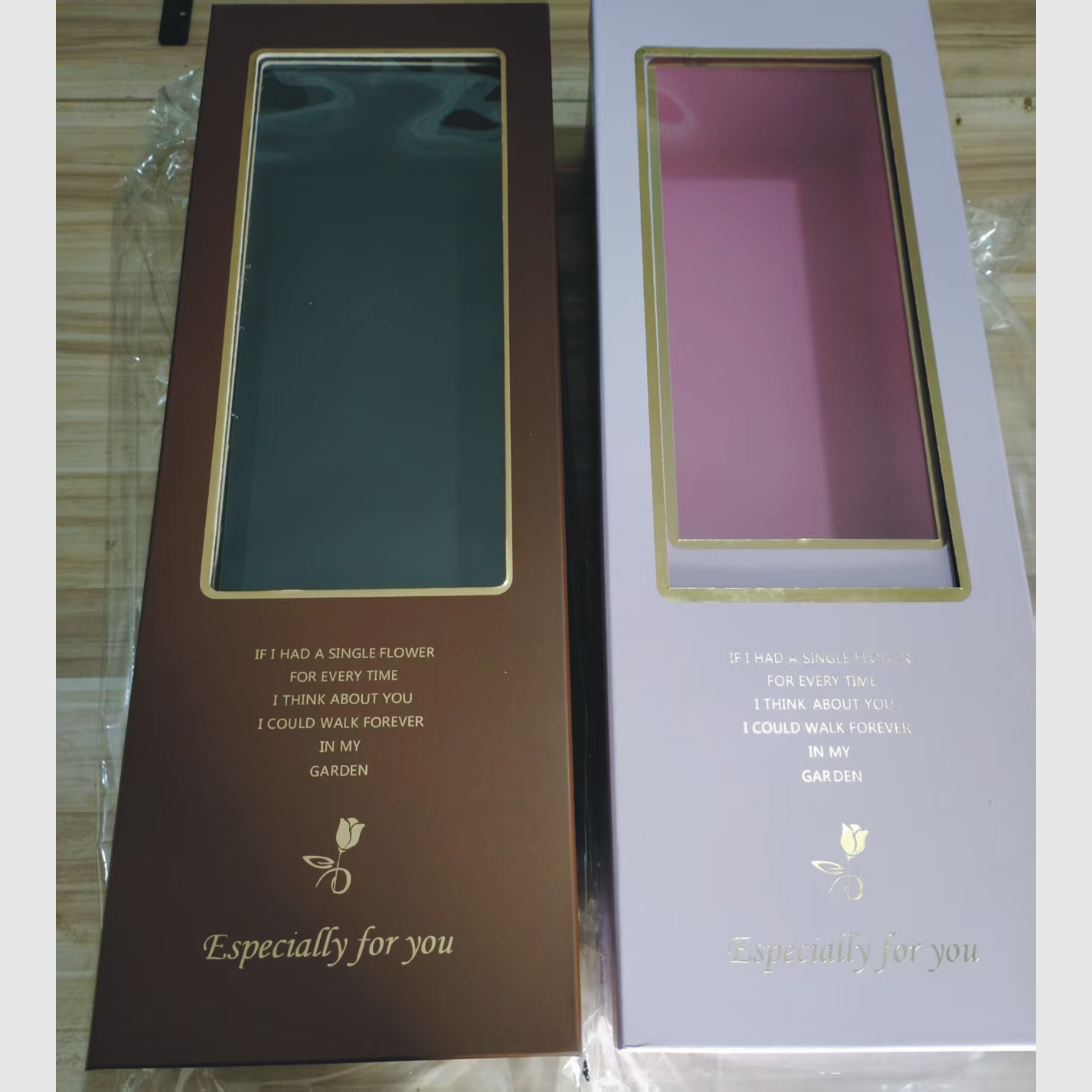 高档长方形鲜花包装盒金色蜜语挚爱之心套二玫瑰花开窗礼盒花店