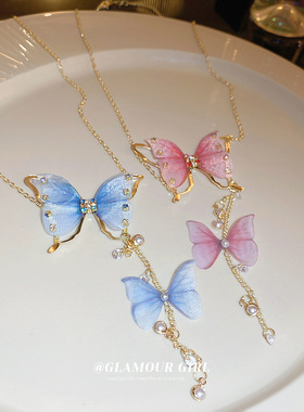 镶钻珍珠薄纱蝴蝶流苏项链超仙高级感颈链锁骨链时尚森系项饰批发