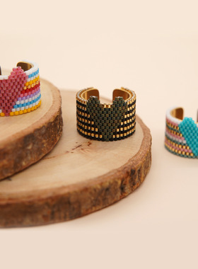 桃心Miyuki古董米珠纯手工编织不锈钢戒指波西米亚轻奢珠宝民族风