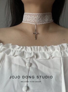 纯欲辣妹风十字架白色蕾丝颈链choker颈带高级感甜酷锁骨链项链女