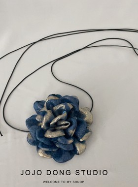 蓝色玫瑰大花朵绑带项链配饰颈饰辣妹复古花朵夸张拍照高级感颈带
