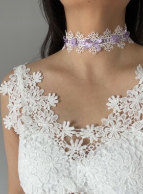 甜美纯欲风白色蕾丝蝴蝶结花朵choker颈带高级感项链女锁骨链仙气