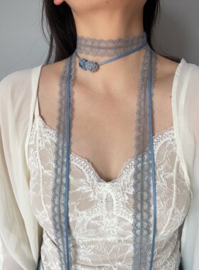 小众设计气质雾霾蓝花朵蕾丝长款绑带项圈颈带项链少女叠带choker