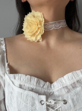 超仙气质温柔奶黄色花朵蕾丝choker项链锁骨链颈带少女甜美颈链