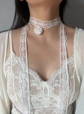 超仙气温柔白色蕾丝花朵少女绑带长款飘带项圈颈带叠带项链choker