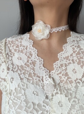 少女百搭气质项圈优雅温柔仙气白色蕾丝玫瑰花项链choker锁骨链