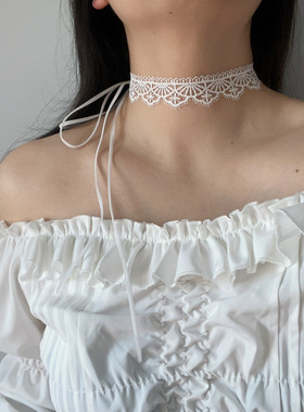 白色蕾丝choker蝴蝶结新款绑带颈链甜美长款项圈防过敏系带锁骨链