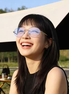 韩系老钱风镶钻椭圆防蓝光墨镜