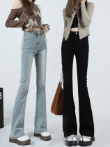 Black microlao jeans female autumn winter plus suede small taller with high waisted horn pants for a slim retro horseshoe pants