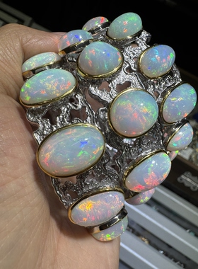 天然欧泊手镯925银镶嵌意大利工艺满镶女款活口多颗粒