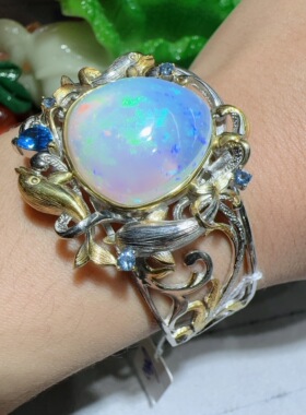 天然水晶欧泊手镯925银镶嵌女款意大利工艺时尚百搭女款活口炫彩