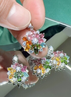 天然碧玺吊坠925银镶嵌锁骨链项链多颗粒群镶女款时尚