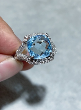 天然水晶彩宝宝石蓝色托帕石戒指s925纯银镶嵌活口女款大戒面时尚