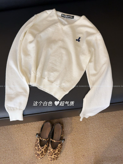 Korean rest* wool embroidered V-neck thin long-sleeved bottoming sweater short sweater for women