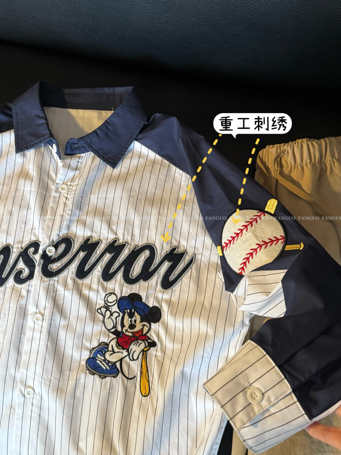 重磅全刺绣！米奇vintage美式复古拼接撞色长袖衬衣条纹衬衫女