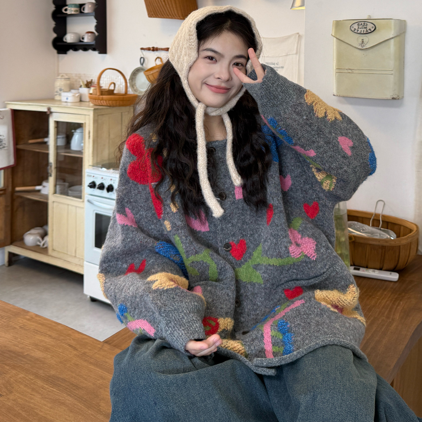 大码女装2025秋冬新款胖mm韩版宽松提花针织毛衣外套+牛仔裤套装,淘宝优惠券,粉丝福利购,淘宝优惠卷