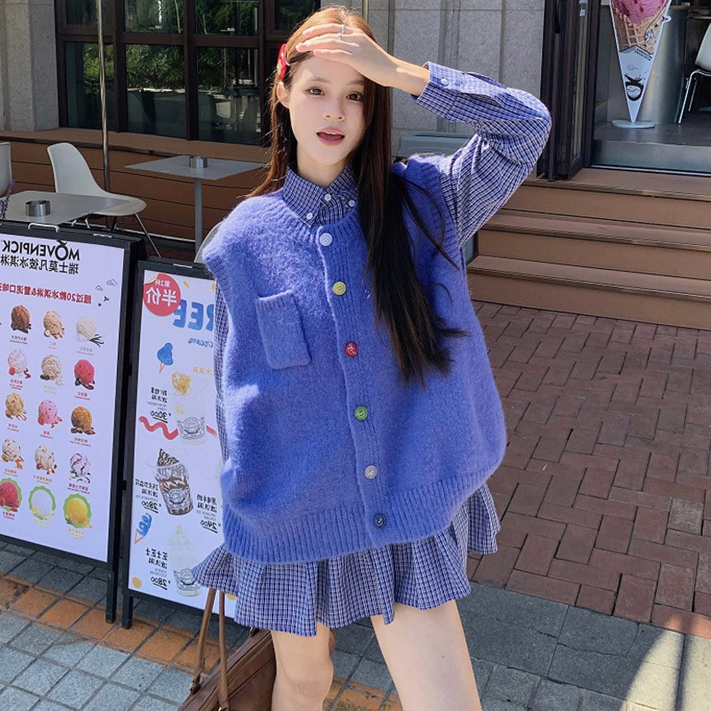 大码女装2025胖mm复古圆领彩色纽扣针织马甲+格子衬衫连衣裙套装,淘宝优惠券,粉丝福利购,淘宝优惠卷