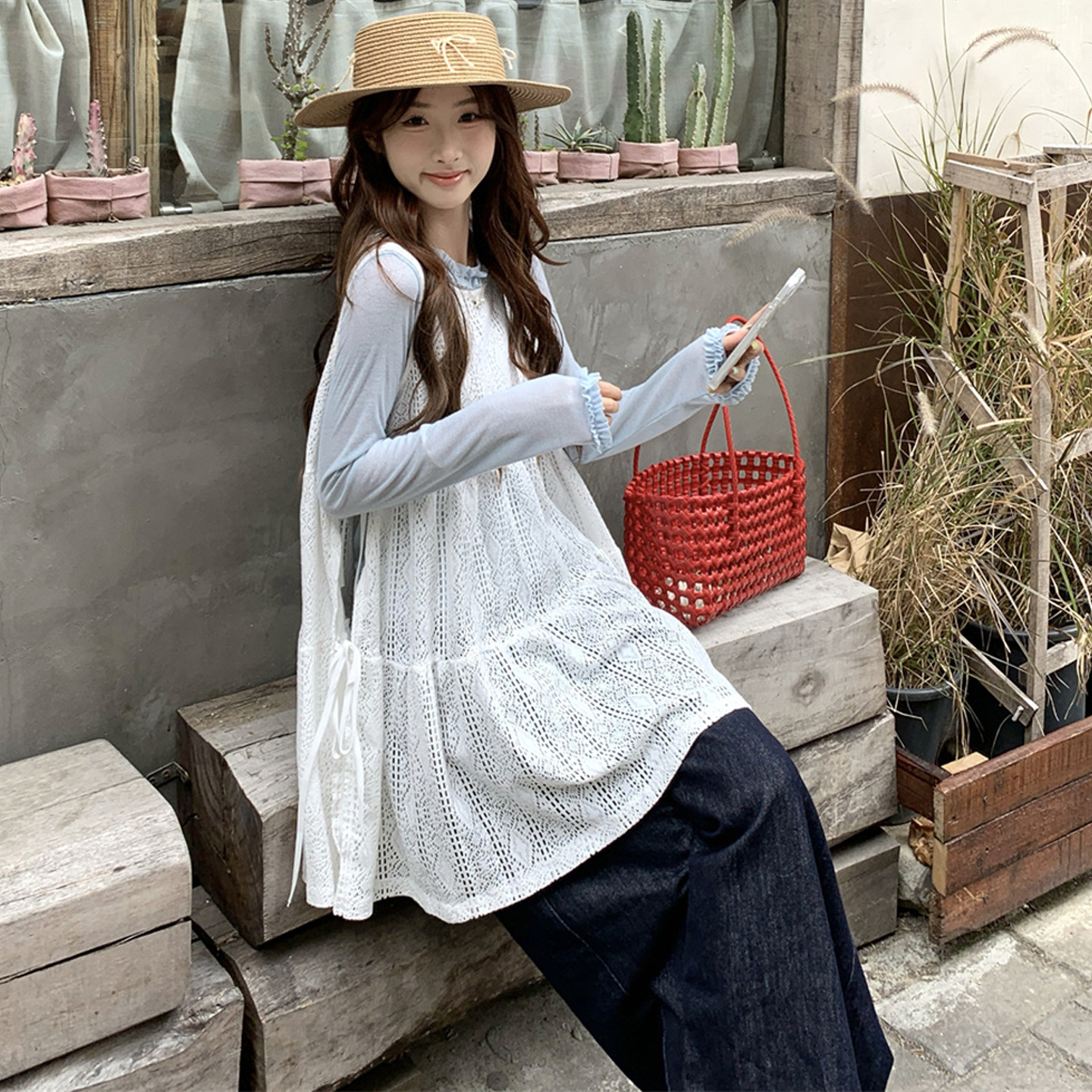 大码女装2026早春胖mm韩版蓝色打底衫+设计感蕾丝绑带背心两件套,淘宝优惠券,粉丝福利购,淘宝优惠卷