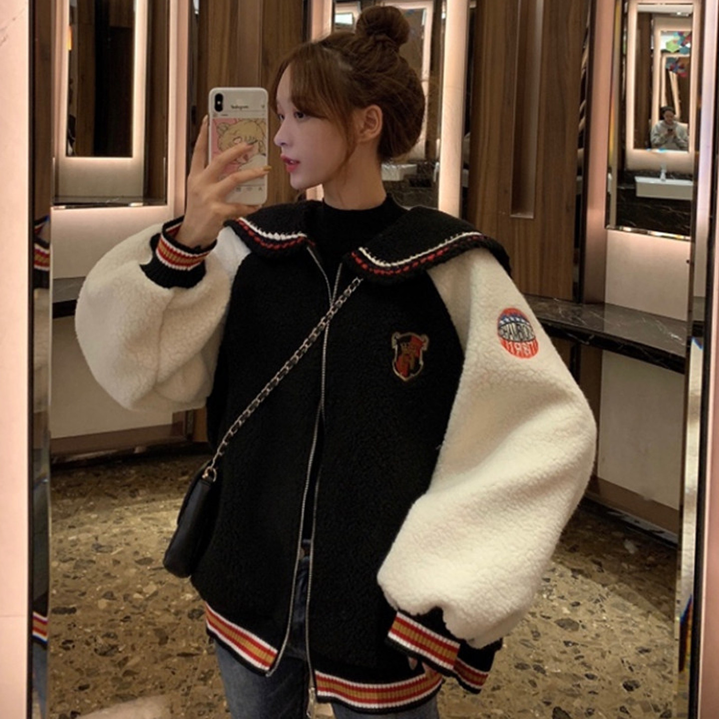 大码女装2025冬季网红新款胖mm洋气显瘦学院风海军撞色羊羔毛外套,淘宝优惠券,粉丝福利购,淘宝优惠卷