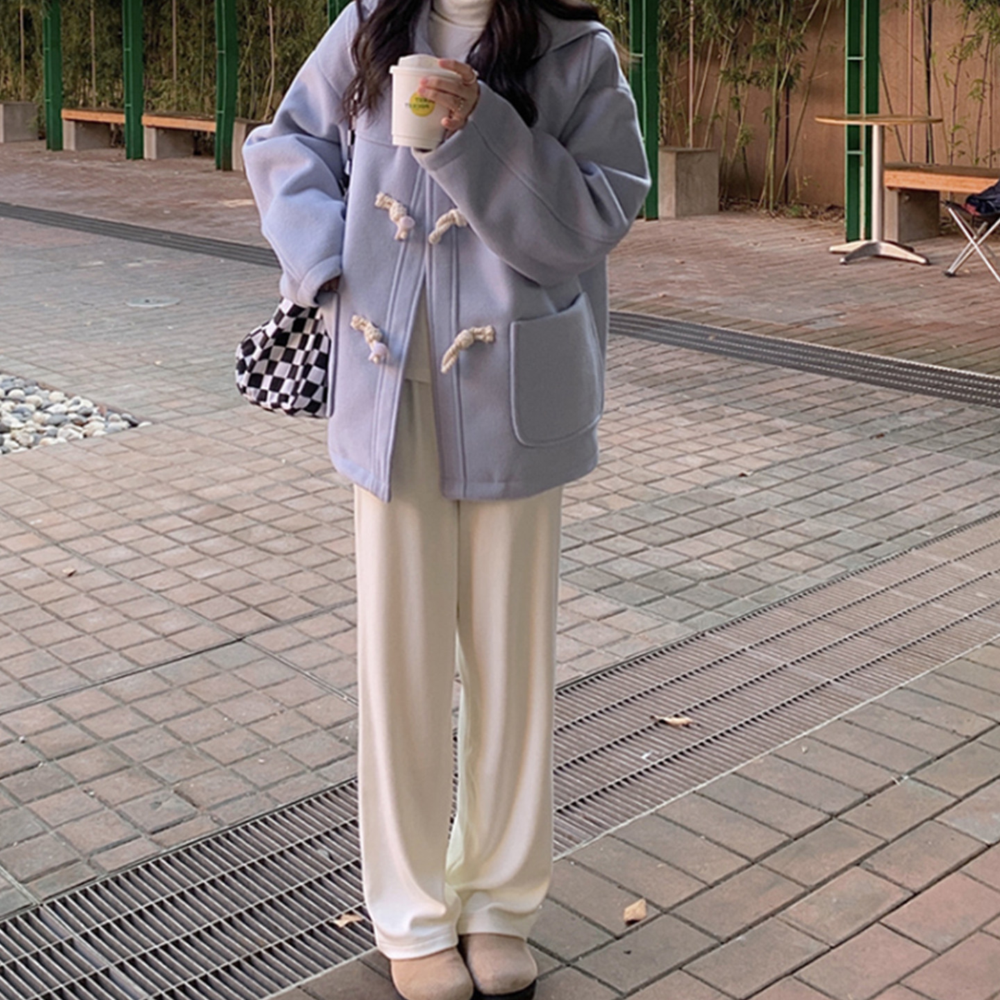 大码女装2025冬季韩版学院风复古牛角扣胖mm纯色显瘦加厚毛呢外套,淘宝优惠券,粉丝福利购,淘宝优惠卷