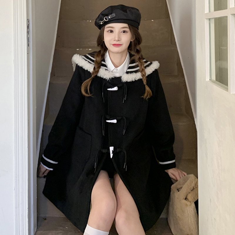 大码女装2025冬季日系元气少女毛毛海军领小斗蓬夹棉加厚毛呢外套,淘宝优惠券,粉丝福利购,淘宝优惠卷