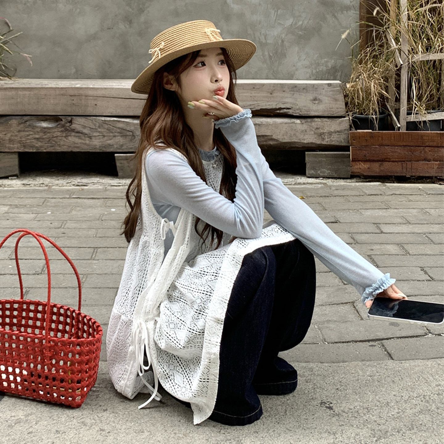 大码女装2026早春胖mm韩版蓝色打底衫+设计感蕾丝绑带背心两件套,淘宝优惠券,粉丝福利购,淘宝优惠卷