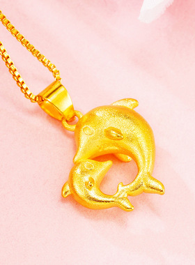 仿3D硬黄金吊坠女双海豚吊坠项链