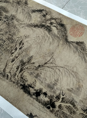 乾隆御题唐寅山水图仿古画横幅宣纸微喷复制画装饰画原作版画