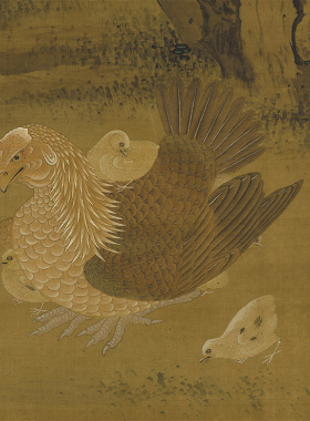 元人畫花下將雛图台北故宫藏国画花鸟绢画复制画客厅仿古装饰画