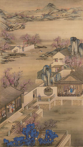 雍正十二月行乐图三月赏桃国画工笔画仿古画人物画艺术微喷复制画 - 图0