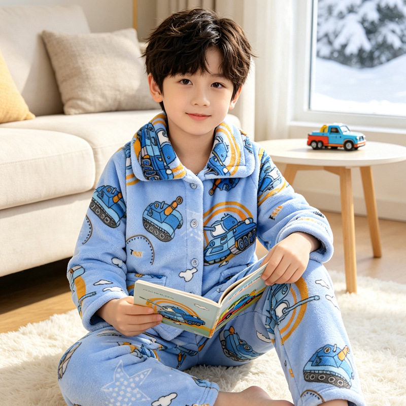 Autumn and winter children's flannel pajamas plus velvet and thickening girls' bamboo red panda duck home clothes inner clothes