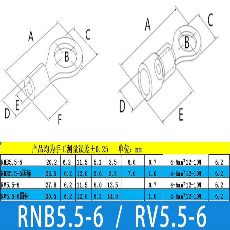 RNB/RV5.5-6冷压端子预绝缘黄铜国标紫铜太阳端OT圆端接线连接器 - 图1