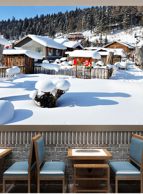 北方雪乡雪景壁画饭店餐馆背景装饰画壁纸饺子馆东北菜农家院墙纸