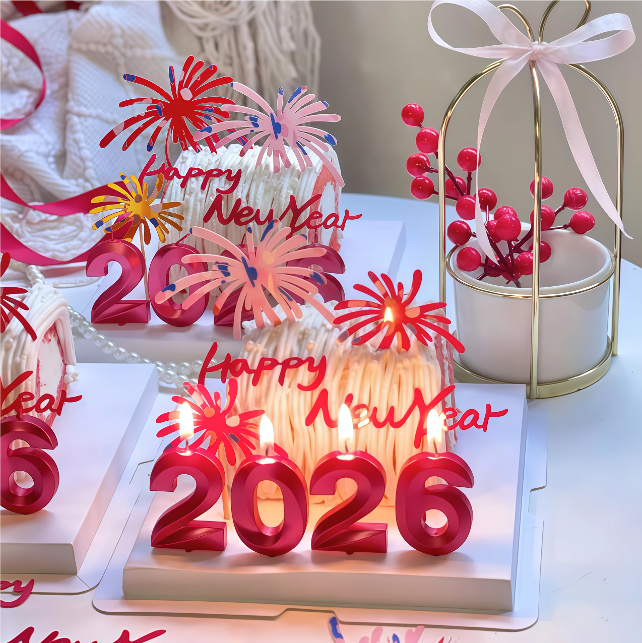 新年跨年红色钻石2026数字蜡烛蛋糕装饰摆件亚克力红色粉色大礼花,淘宝优惠券,粉丝福利购,淘宝优惠卷