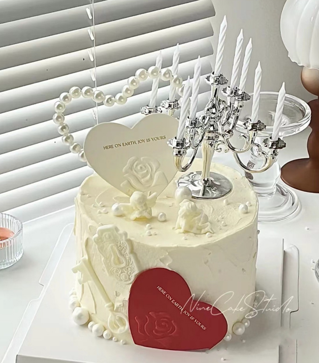 七夕情人节蛋糕装饰珍珠爱心插件浮雕玫瑰花爱心卡片烛台蛋糕插牌