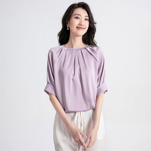 迪奥高端真丝短袖女2026夏季新款重磅桑蚕丝圆领衬衫简约休闲上衣 - 图2