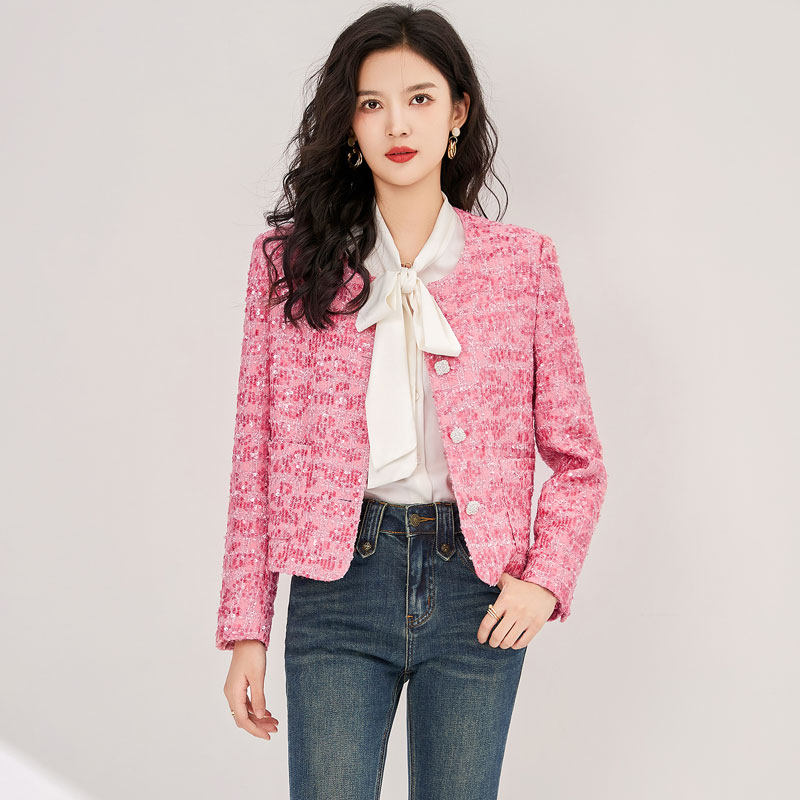 迪奥小香风短外套女秋冬新款轻奢气质粉色亮片设计感小众羊毛上衣,淘宝优惠券,粉丝福利购,淘宝优惠卷