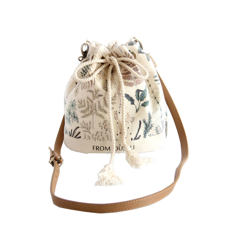 Oujoli吾尤粒B0153清新植物系印花可爱水桶包帆布女生小包斜挎包,淘宝优惠券,粉丝福利购,淘宝优惠卷