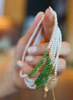 天然俄罗斯碧玉圆珠搭配天然淡水珍珠项链女款锁骨链时尚生日礼物
