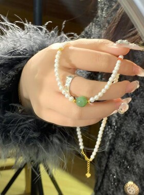 天然俄罗斯碧玉天然淡水珍珠项链小众设计感高级锁骨链颈链女神节