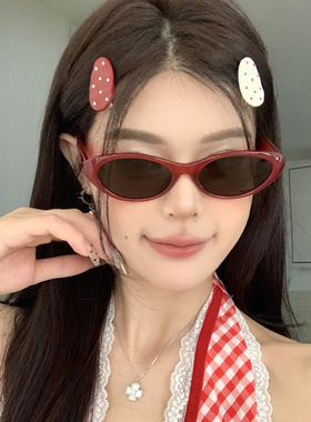 欧美复古红色小框猫眼墨镜女防晒