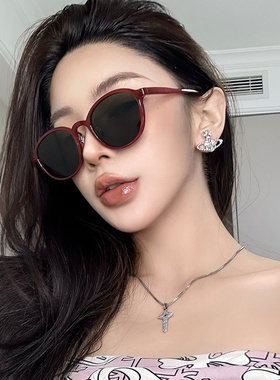 复古红色椭圆超轻偏光墨镜女街拍