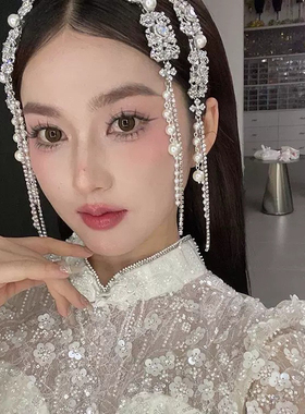 银色满钻珍珠流苏发夹民族风轻奢发饰新娘头饰小众设计感蒙古边夹