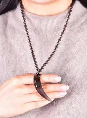 天然冰种黑曜石狼牙吊坠 项链 男女士项链情侣个性饰品玉石坠