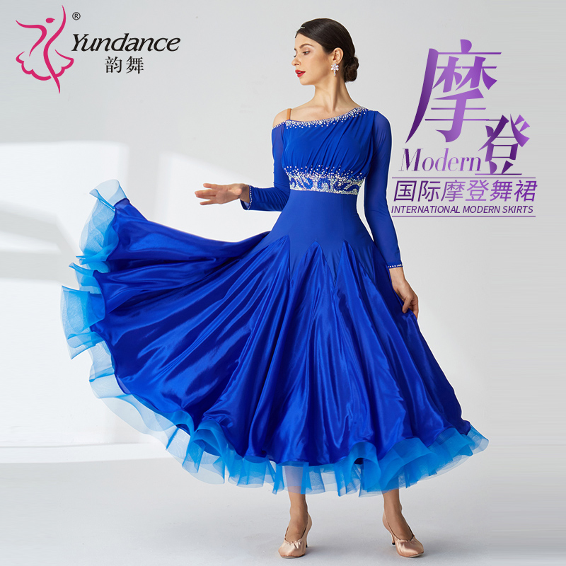 yundance韵舞新款珍珠丝国标摩登舞蹈练习大摆连衣裙定制女舞服装 - 图0