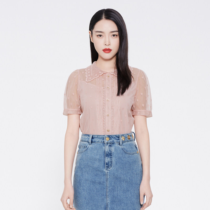 芭蒂娜粉色短袖小衫夏季新款雪纺衫 芭蒂娜服饰蕾丝衫/雪纺衫
