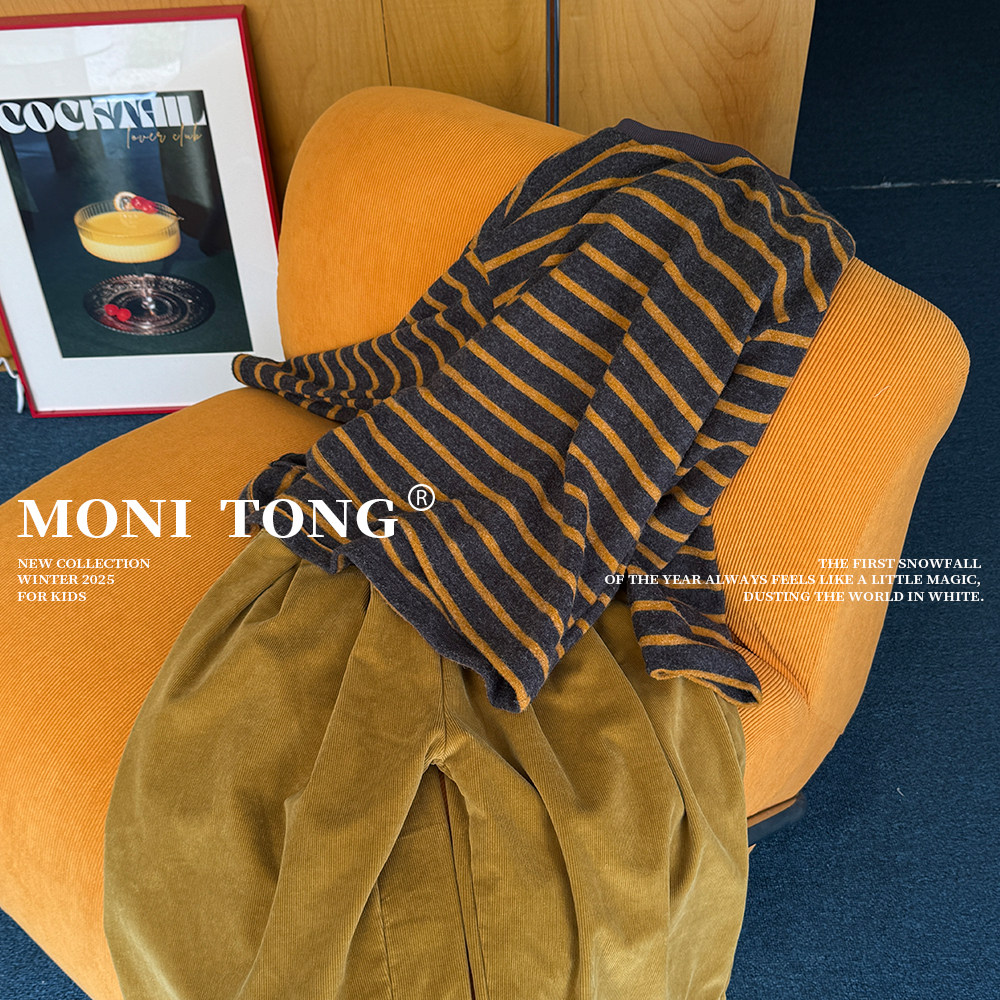 MONI 撞色条纹拉绒宽松T恤打底衫/灯芯绒加绒8分阔腿裤,淘宝优惠券,粉丝福利购,淘宝优惠卷